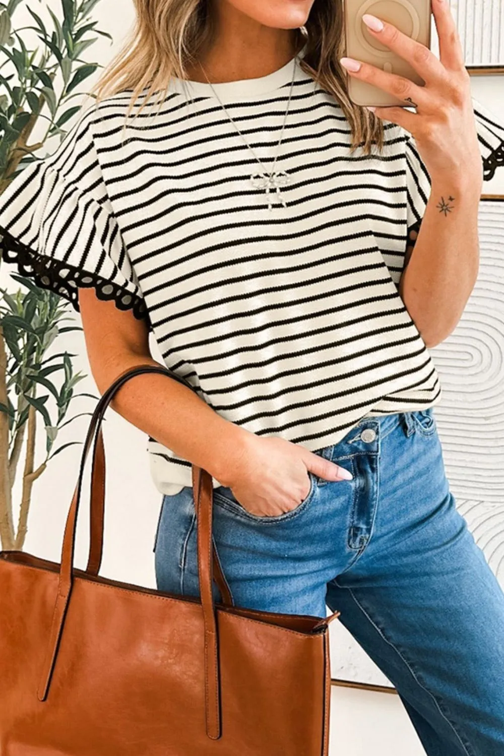 Striped Round Neck Ruffle Sleeve Blouse, image 2