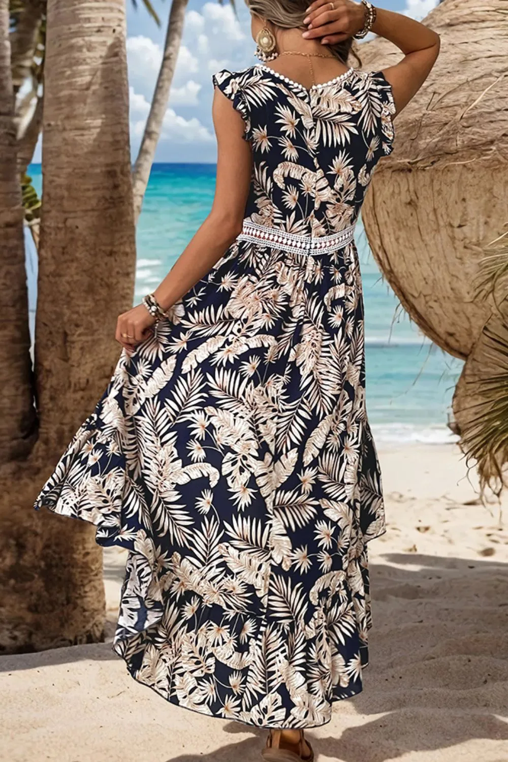 High-Low Printed V-Neck Cap Sleeve Midi Dress, image 3
