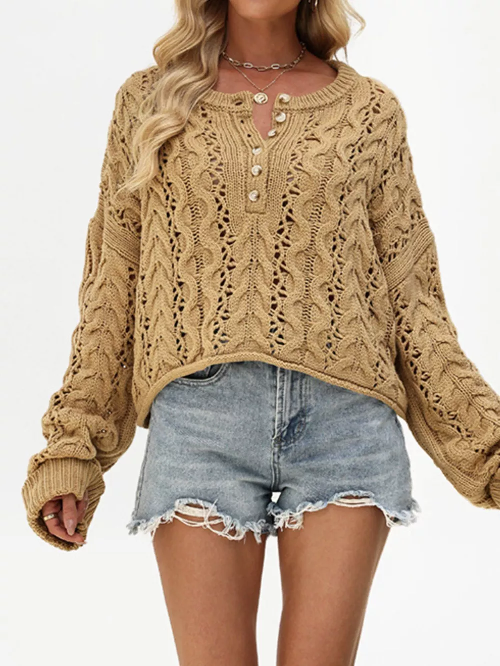 Chic Cable Knit Half-Button Openwork Sweater, image 7