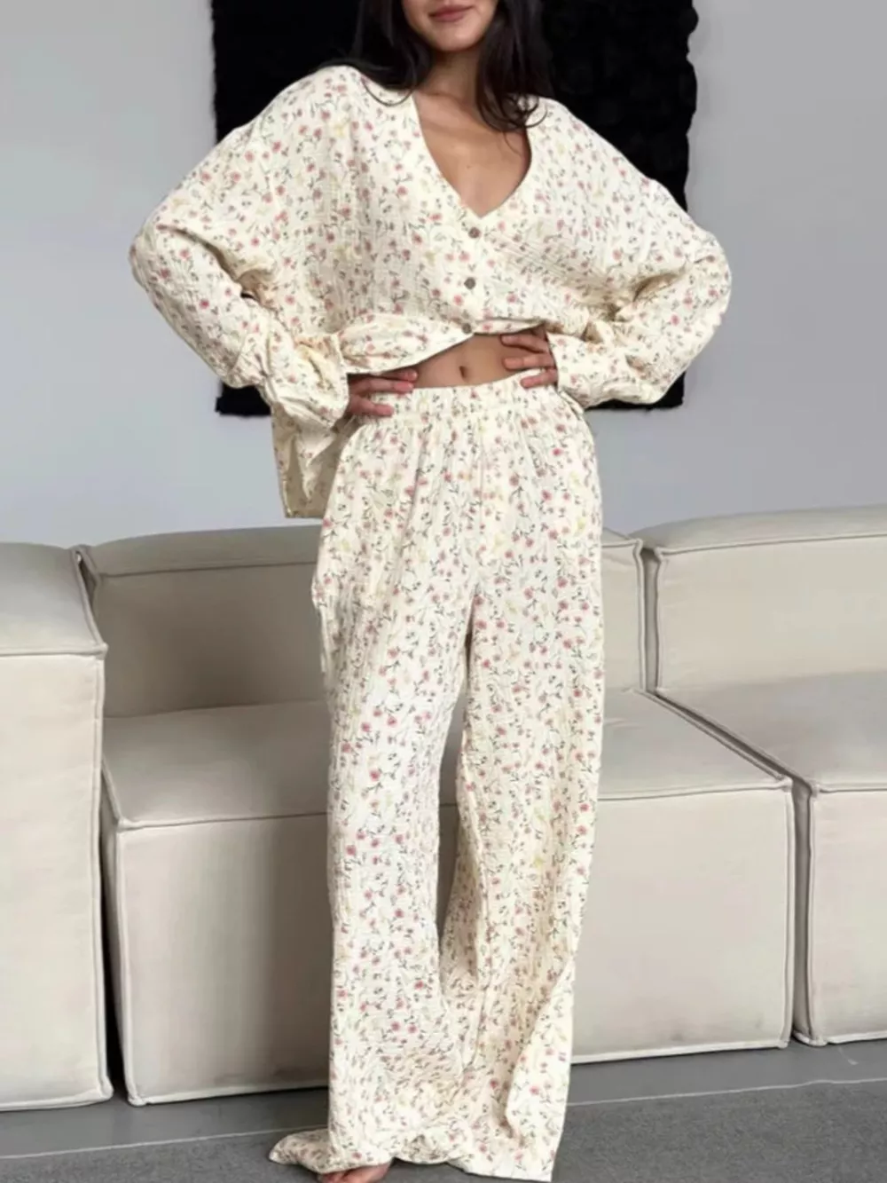 Floral Print Button-Down Top and Pants Lounge Set
