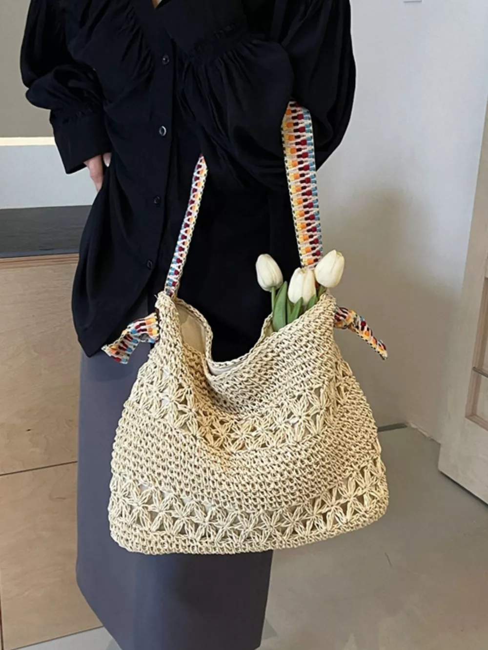 Woven Straw Shoulder Bag with Striped Handles, image 5