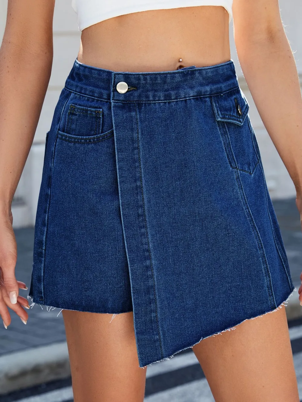 Frayed Hem Asymmetrical Denim Skort