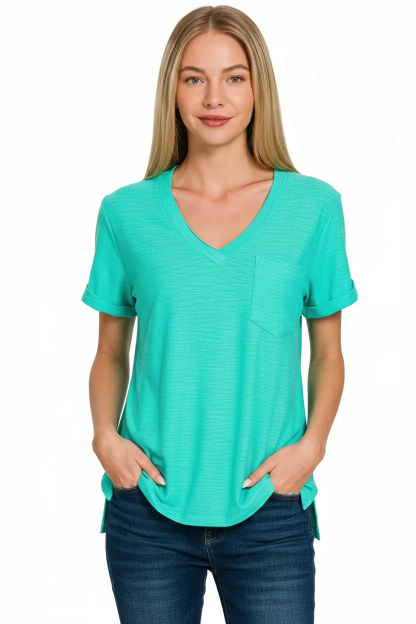 Slub Rolled Short Sleeve V-Neck Tee, image 2