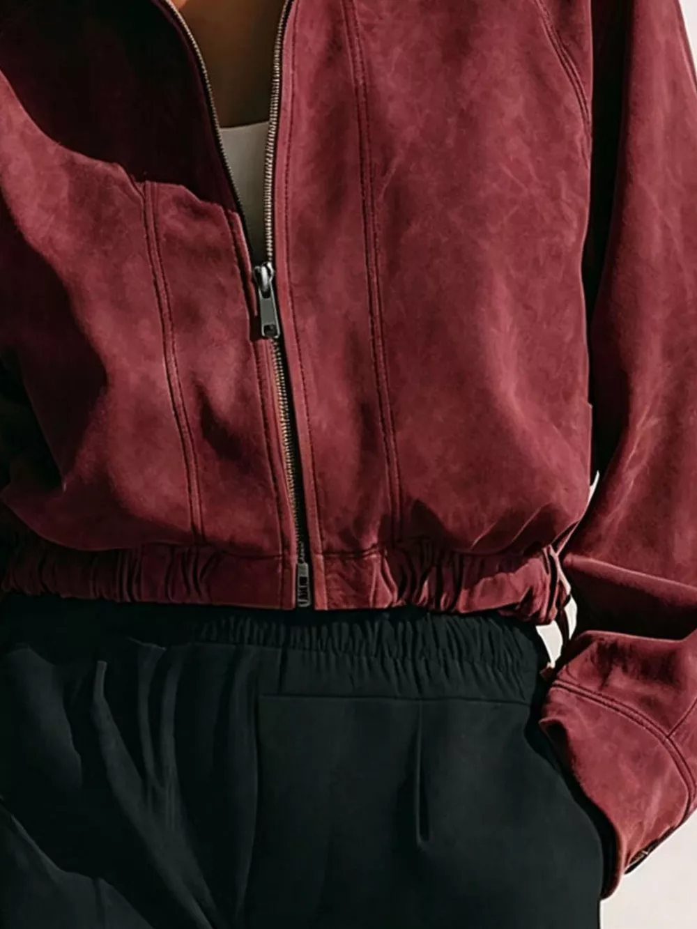 Suede Zip-Up Stand Collar Cropped Jacket, image 9