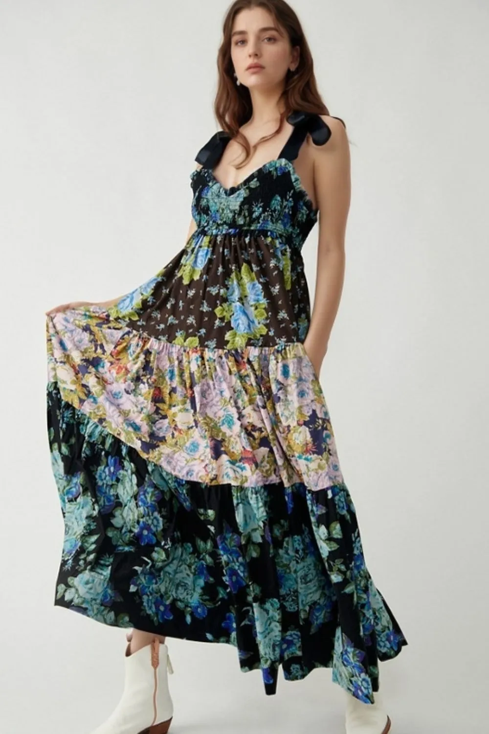 Floral Tiered Maxi Dress with Mixed Print Design, image 3