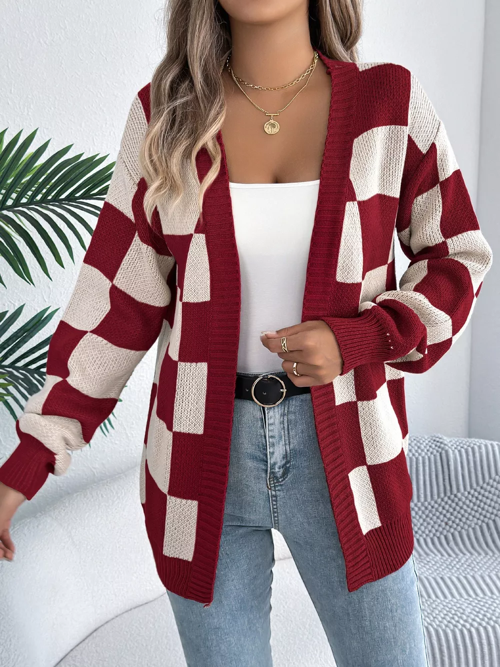 Checkered Pattern Open Front Cardigan, image 2