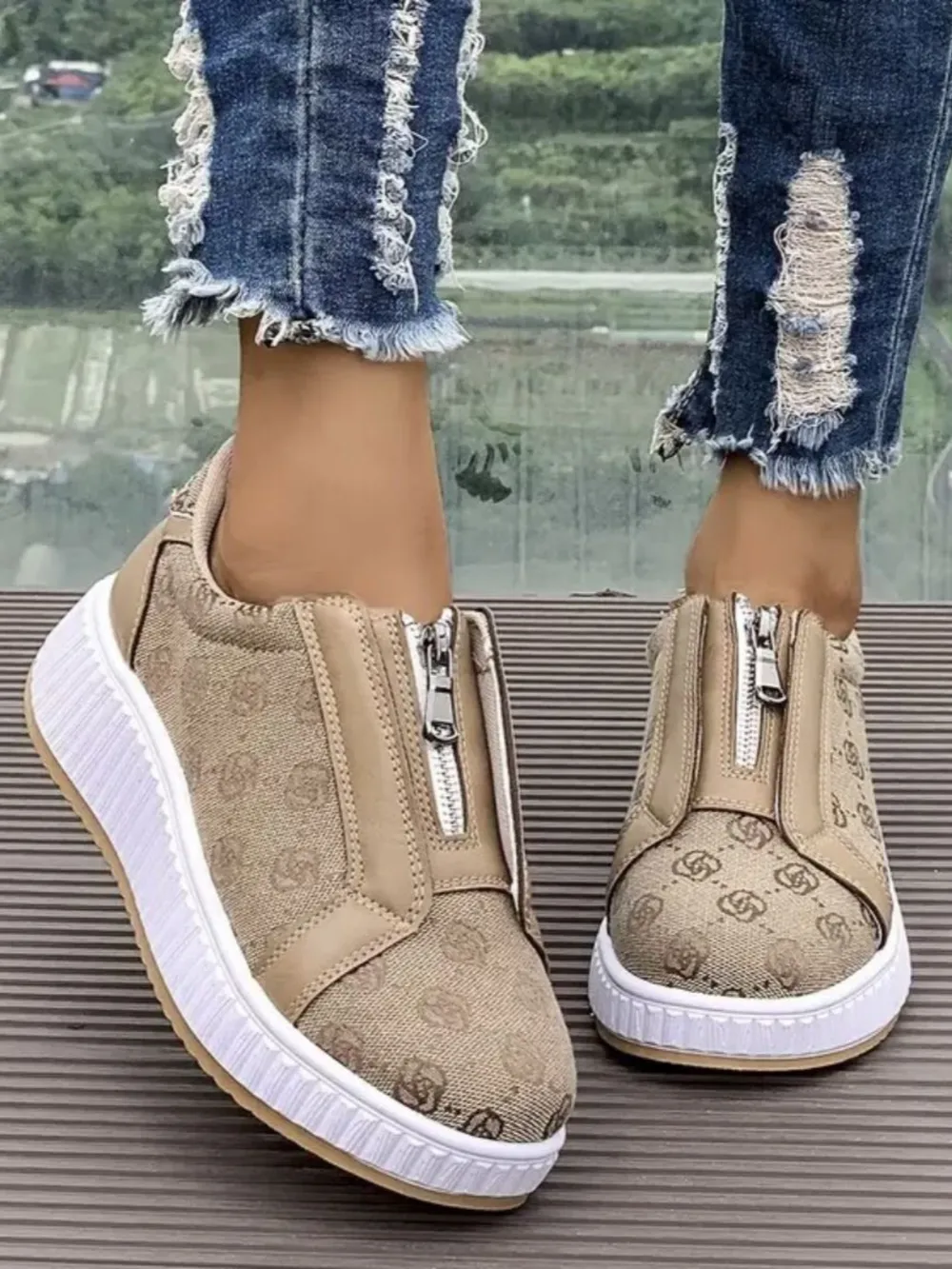 Floral Round Toe Sneakers with Zip, image 8