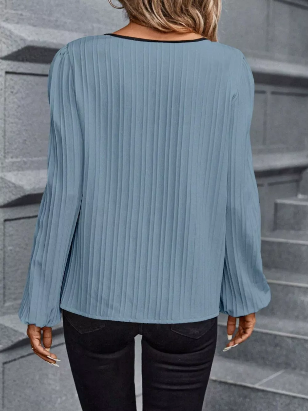 Contrast Notched Long Sleeve Blouse, image 20