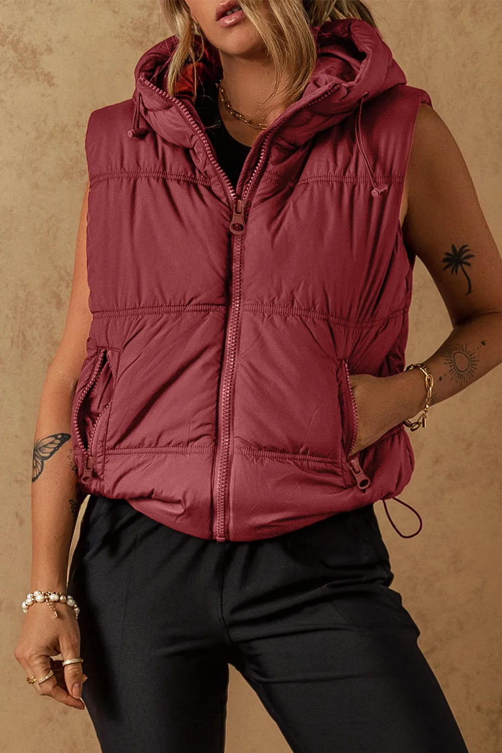 Drawstring Zip Up Hooded Vest Coat, image 15