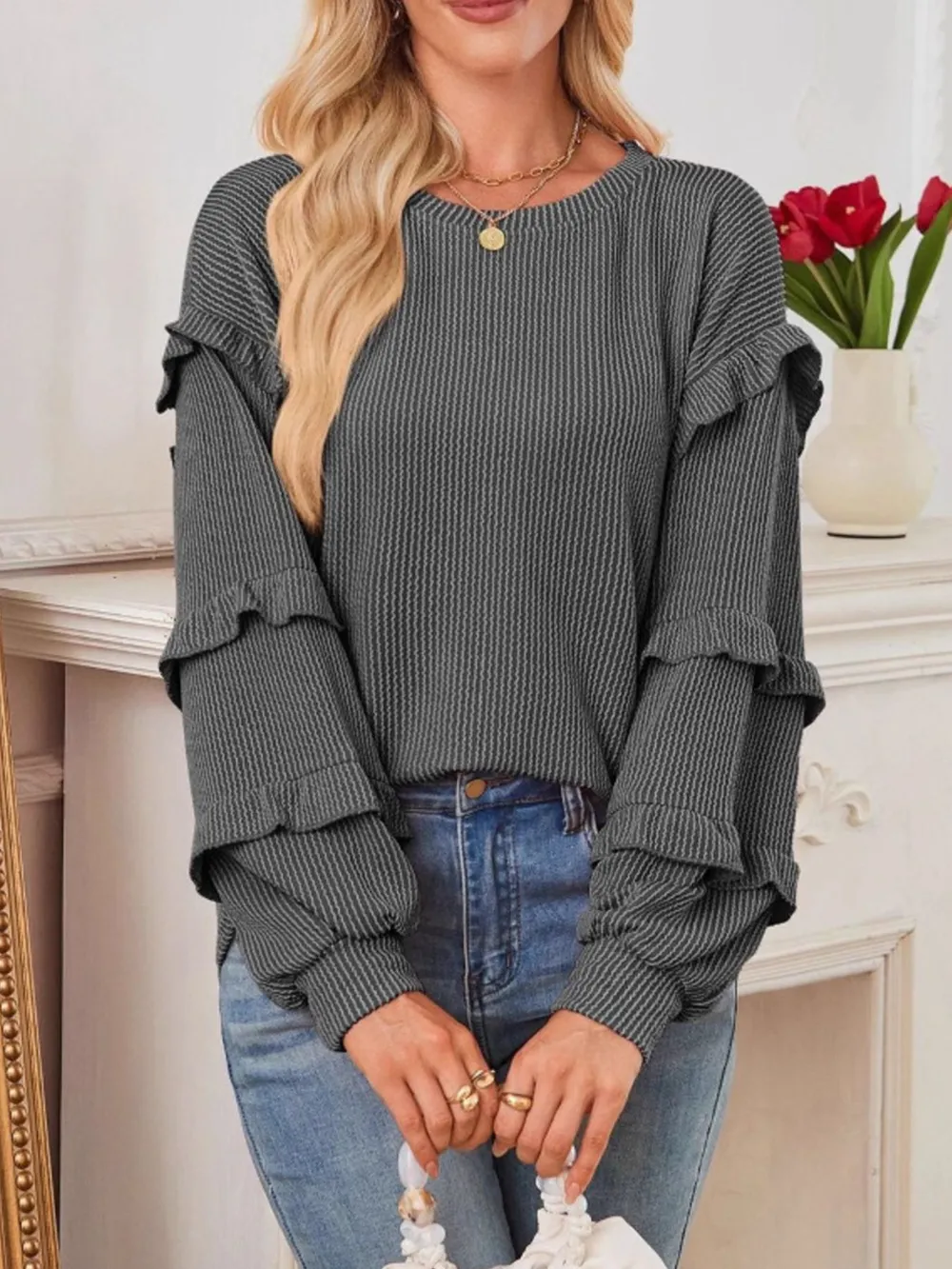 Ruffled Round Neck Long Sleeve Sweatshirt