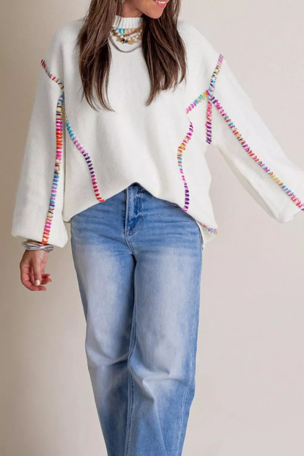 Rainbow Stitching Long Sleeve Relaxed Sweater, image 3