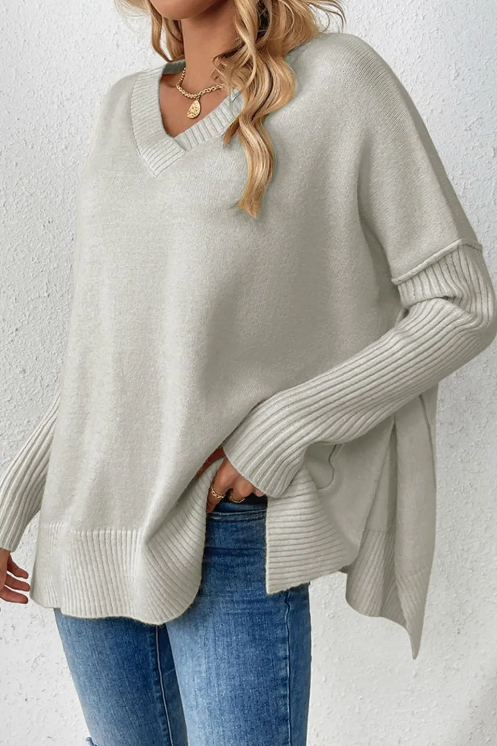 Slit V-Neck Dropped Shoulder Sweater, image 8