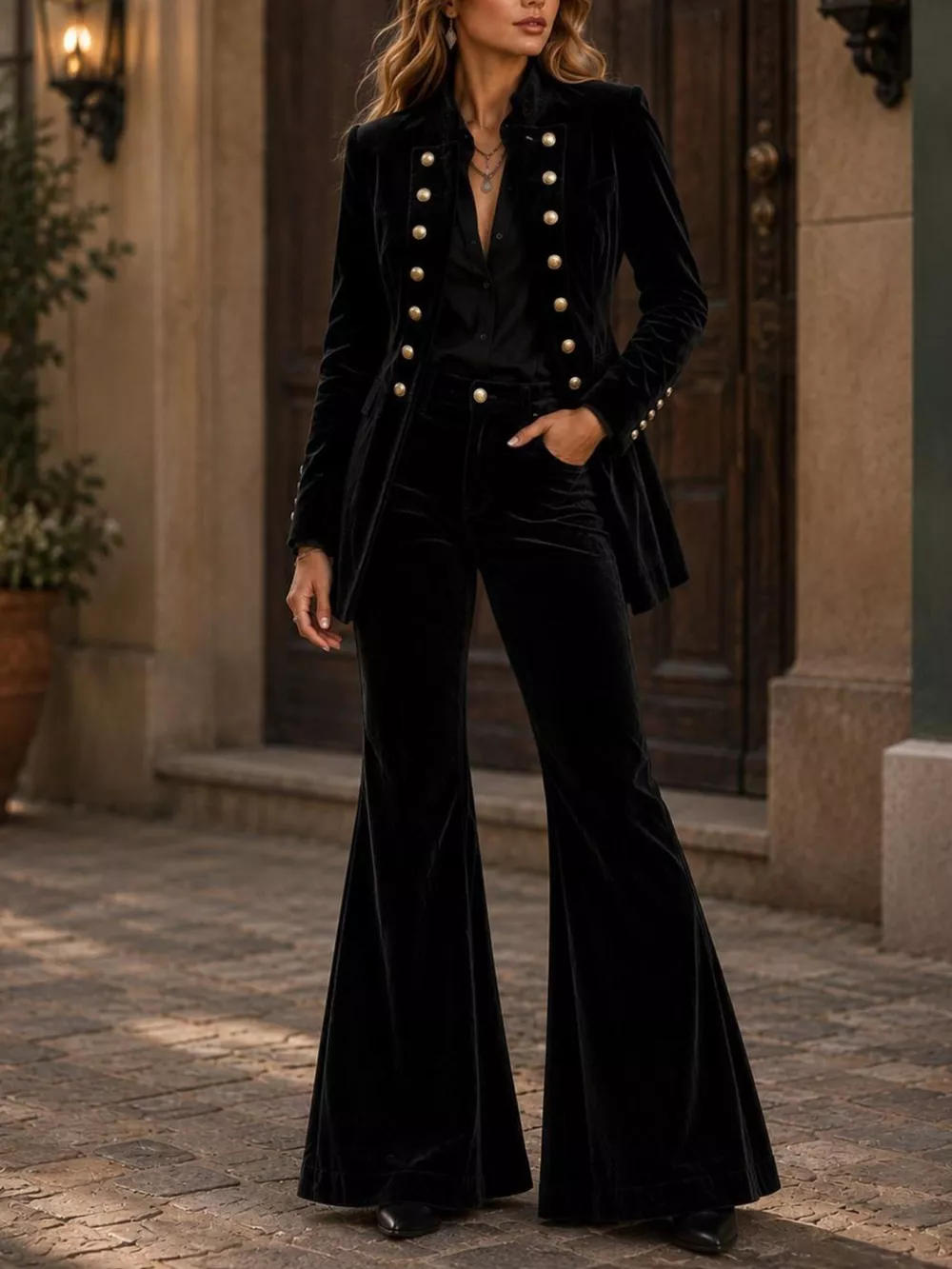 Velvet Double-Breasted Blazer and Flare Pants Set, image 12