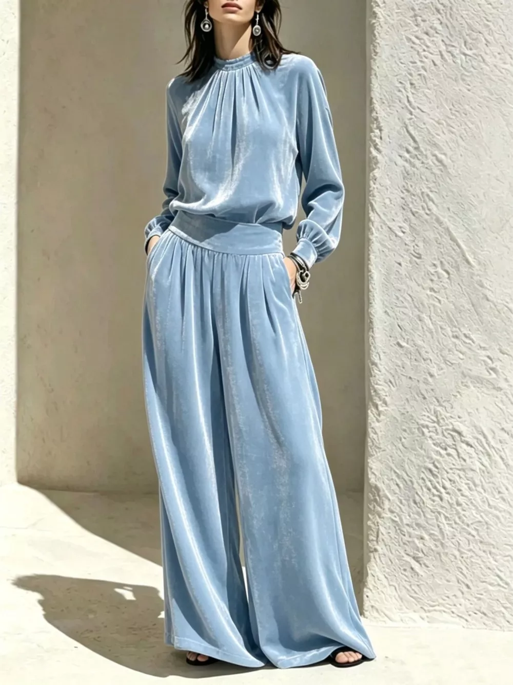 Velvet Mock Neck Long Sleeve Top and Wide-Leg Pants Set, image 2