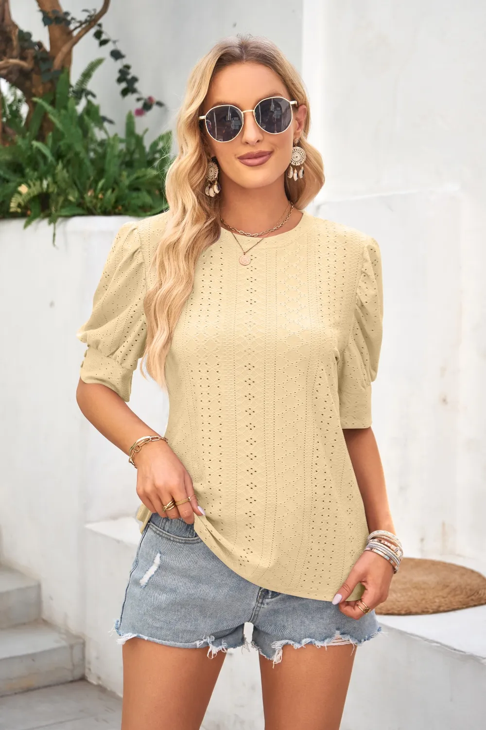 Openwork Round Neck Short Sleeve Blouse, image 19