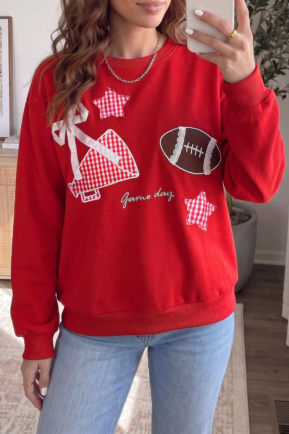 Gingham Patch Embroidered Rugby Game Day Stars Sweatshirt, image 6