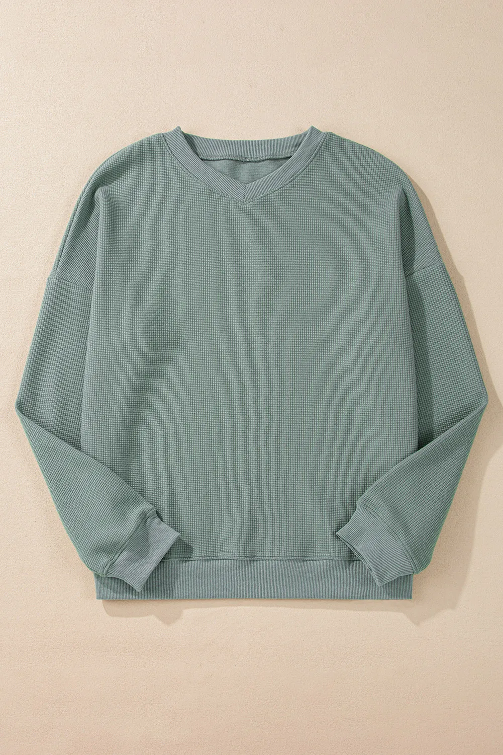 Waffle-Knit Long Sleeve Dropped Shoulder Top, image 2