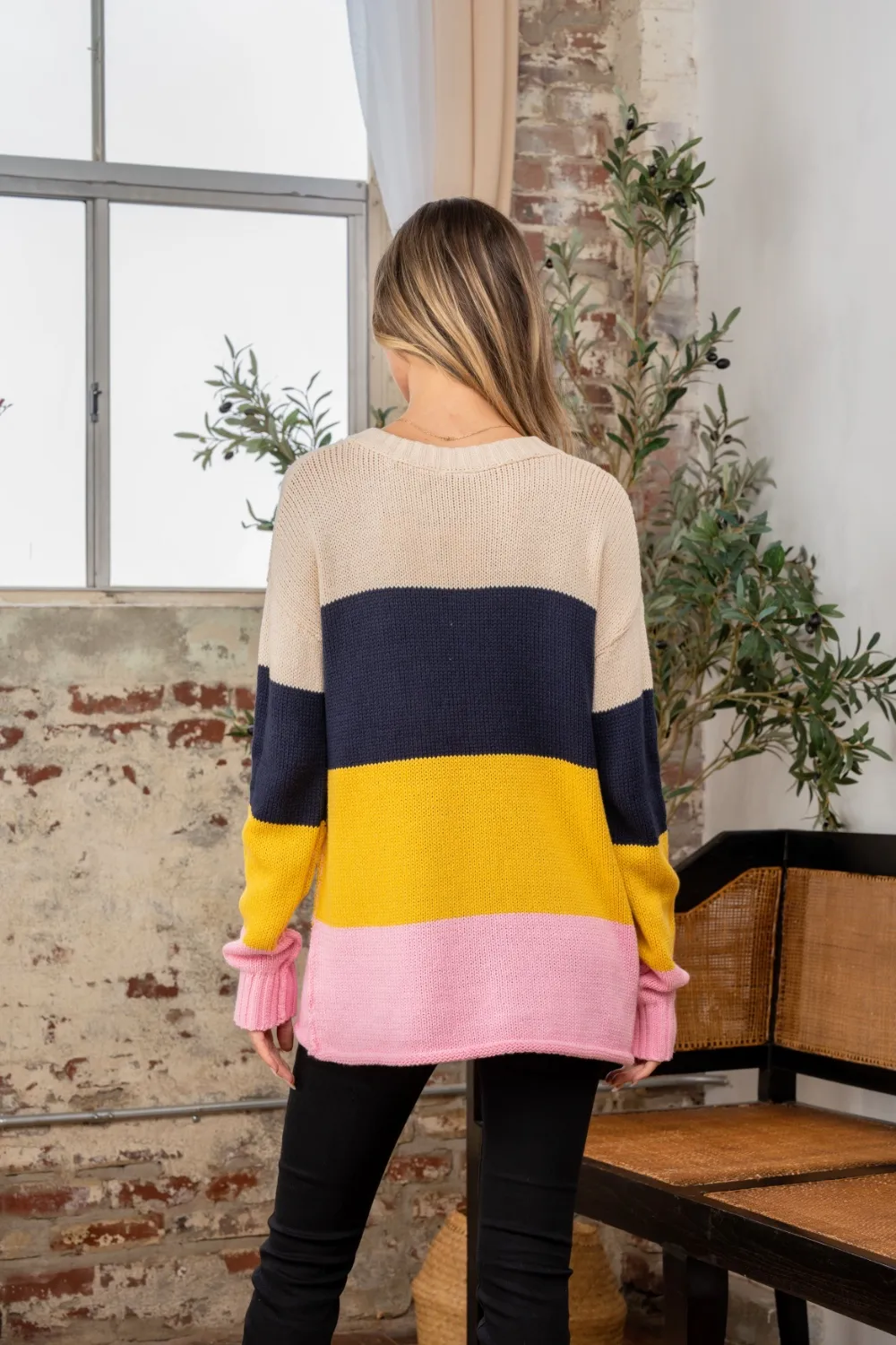Full Size Color Block Exposed Seam Sweater, image 2