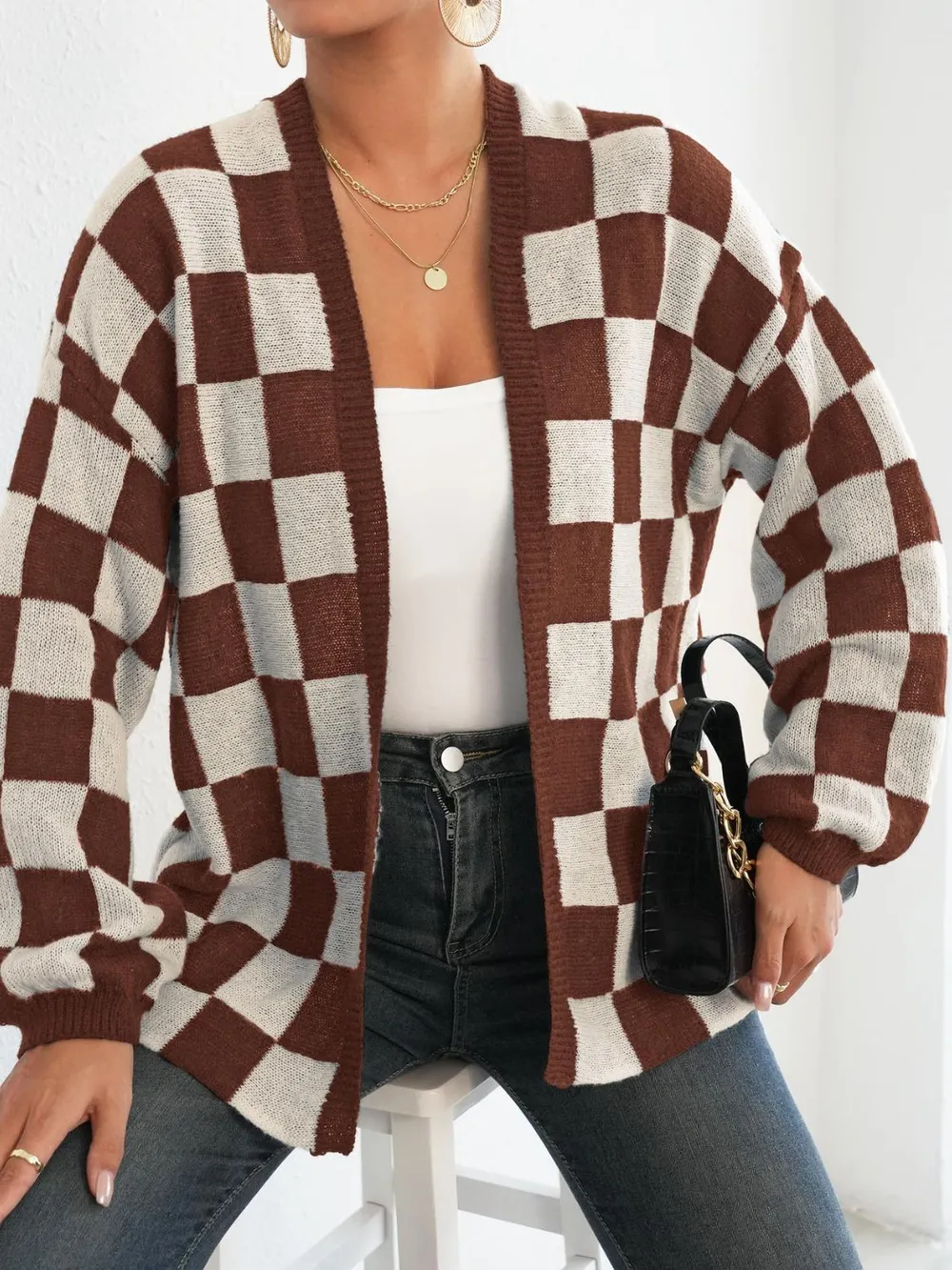 Checkered Open Front Long Sleeve Cardigan, image 2