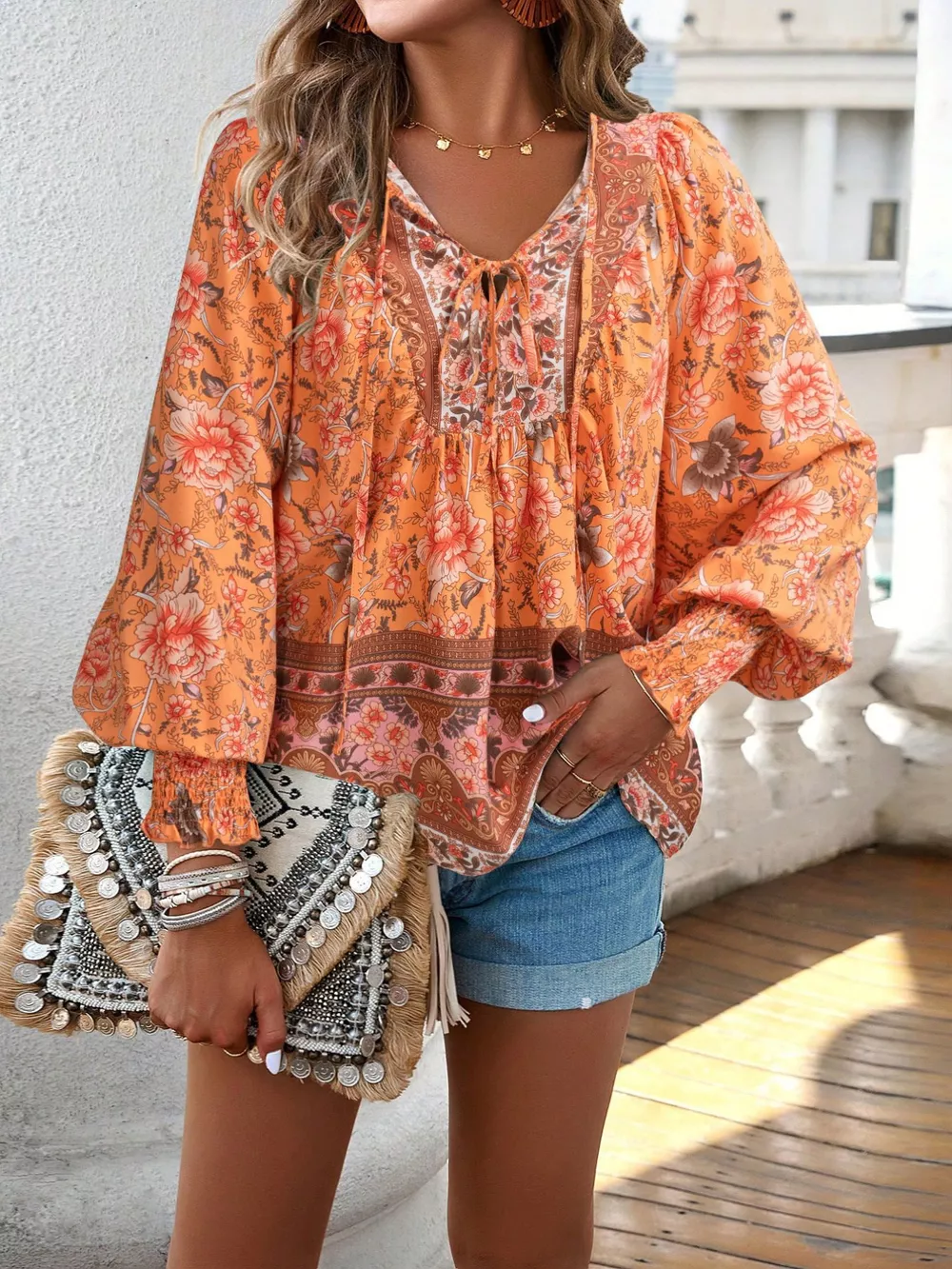 Floral Print Tie Neck Bohemian Blouse, image 2
