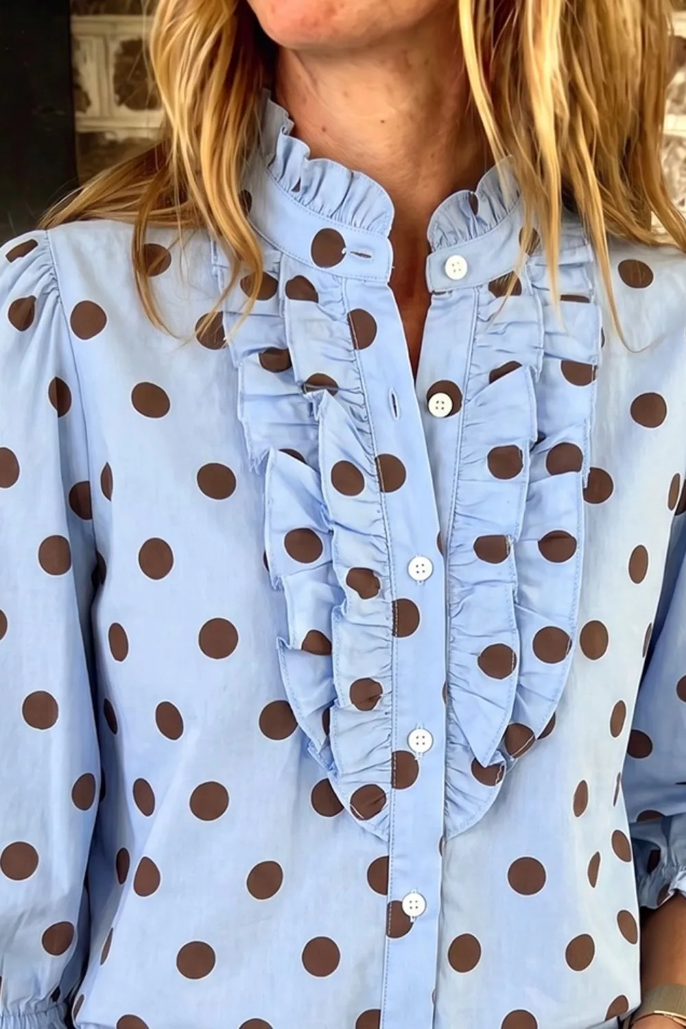 Polka Dot Ruffled Stand-Collar Shirt, image 3