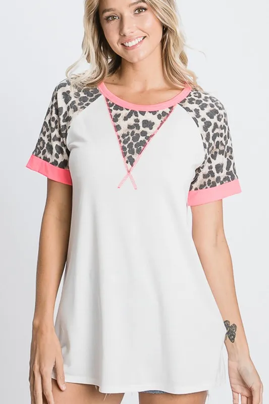 Full Size Leopard Round Neck Short Sleeve T-Shirt with Stitch Plus Size, image 2