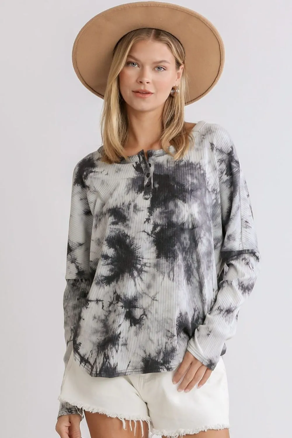 Full Size Tie Dye Round Neck Ribbed Button Front Top Plus Size