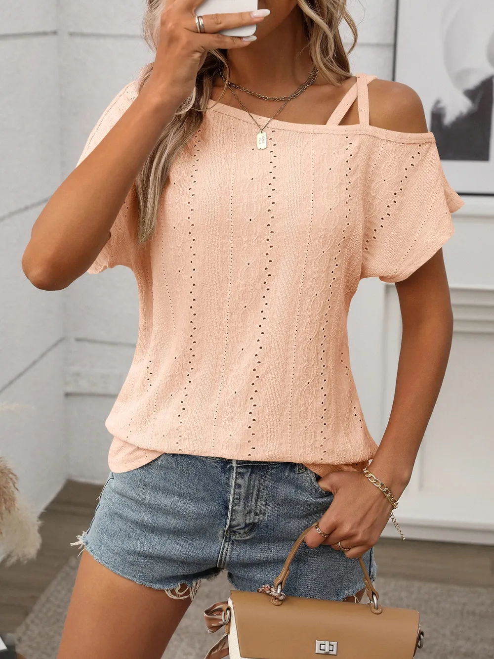 Eyelet Asymmetrical Shoulder Short Sleeve T-Shirt, image 3