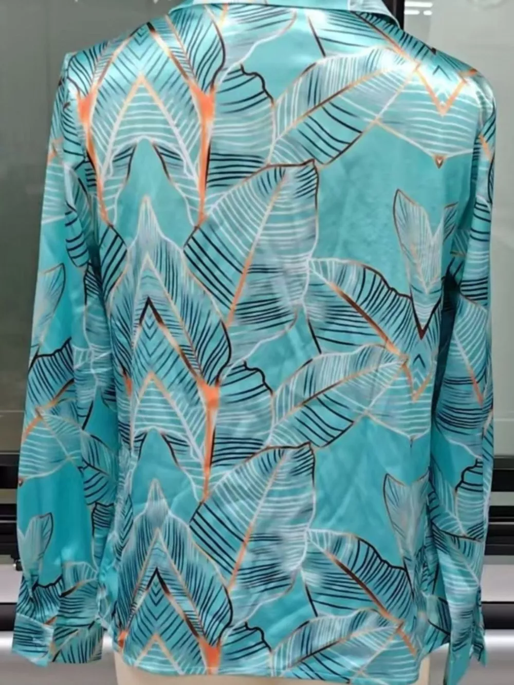 Full Size Satin Leaf Print Button Up Shirt Plus Size, image 2