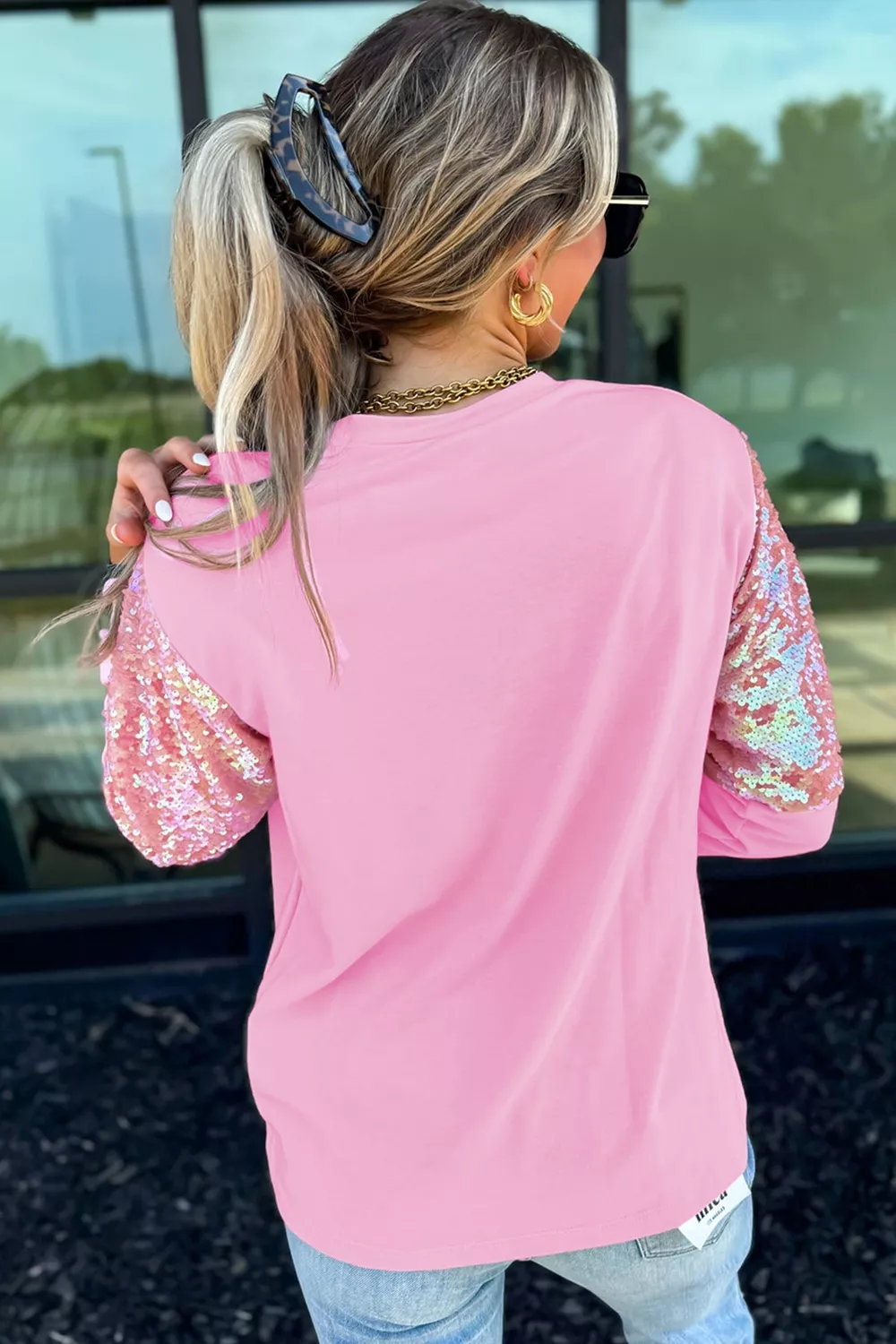 Long Sleeve Sequin Round Neck Pullover Top, image 3