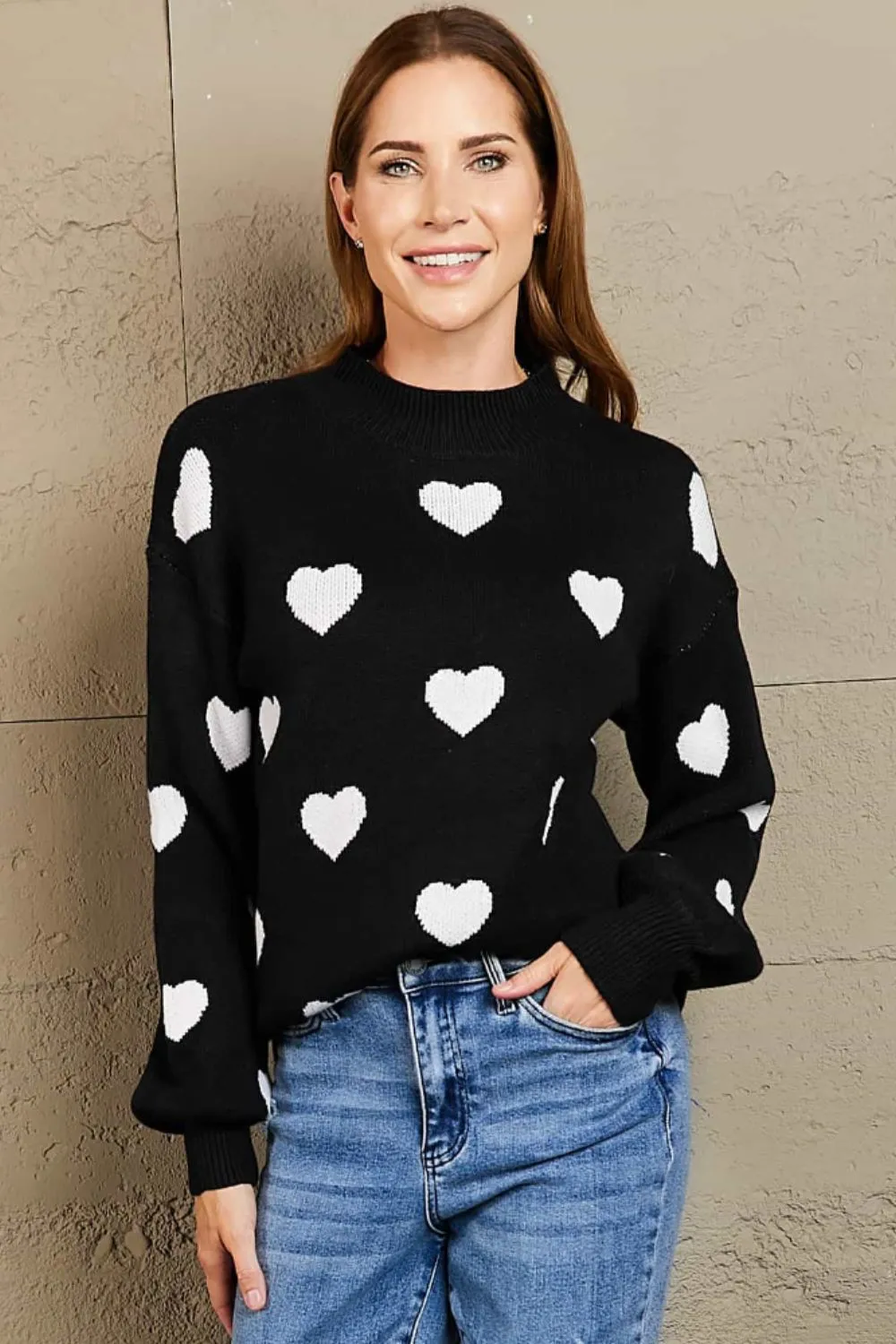 Heart Pattern Lantern Sleeve Round Neck Tunic Sweater, image 4