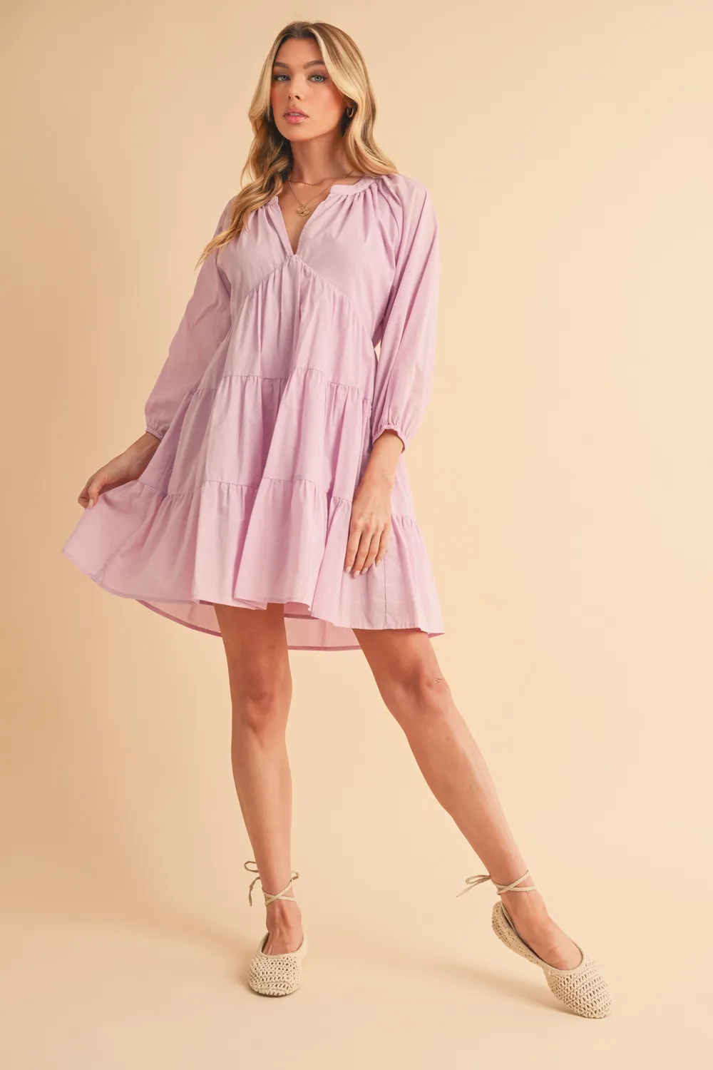 Notched Balloon Sleeve Tiered Mini Dress, image 9