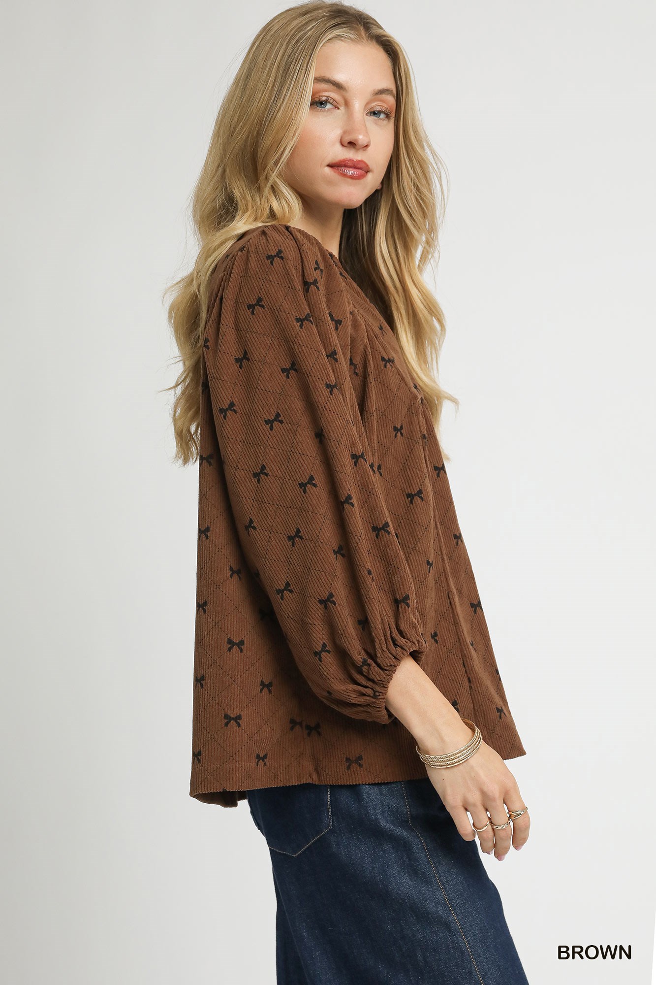 Corduroy Bow Print Balloon Sleeve Blouse, image 2