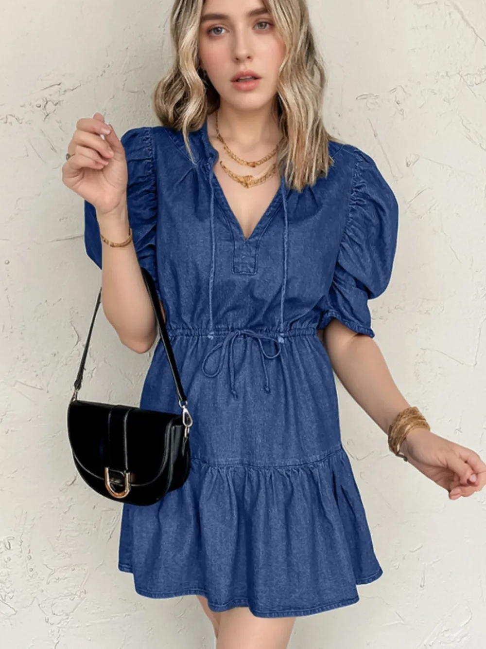 Drawstring High Waist Puff Sleeve Denim Mini Dress, image 2