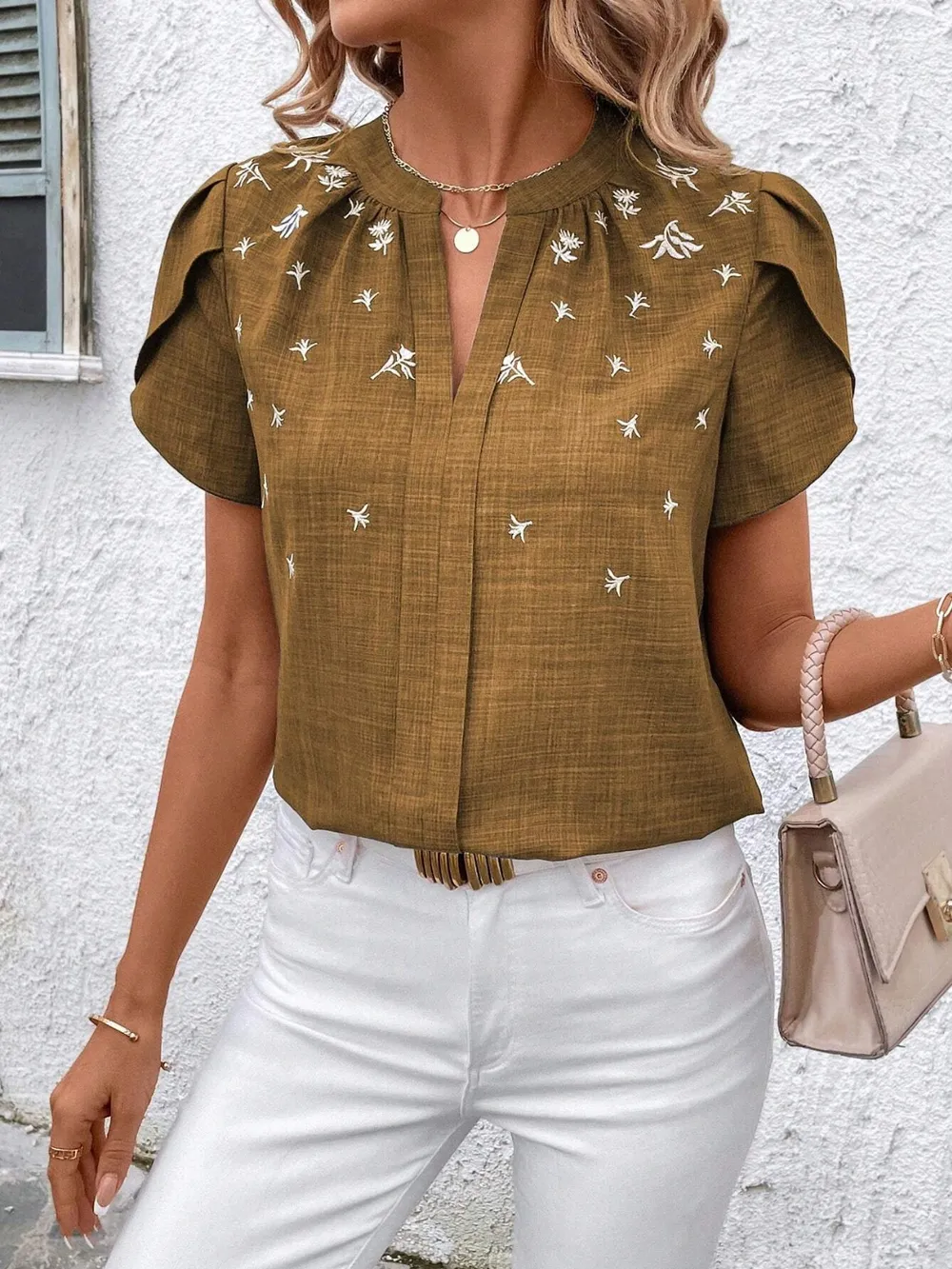 Floral Notched Short Sleeve Blouse, image 3