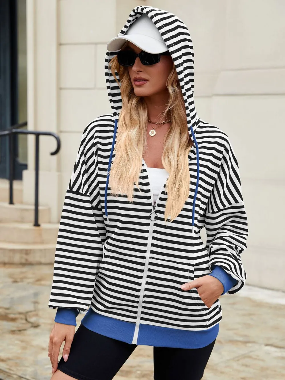 Drawstring Striped Zip Up Long Sleeve Hoodie, image 10