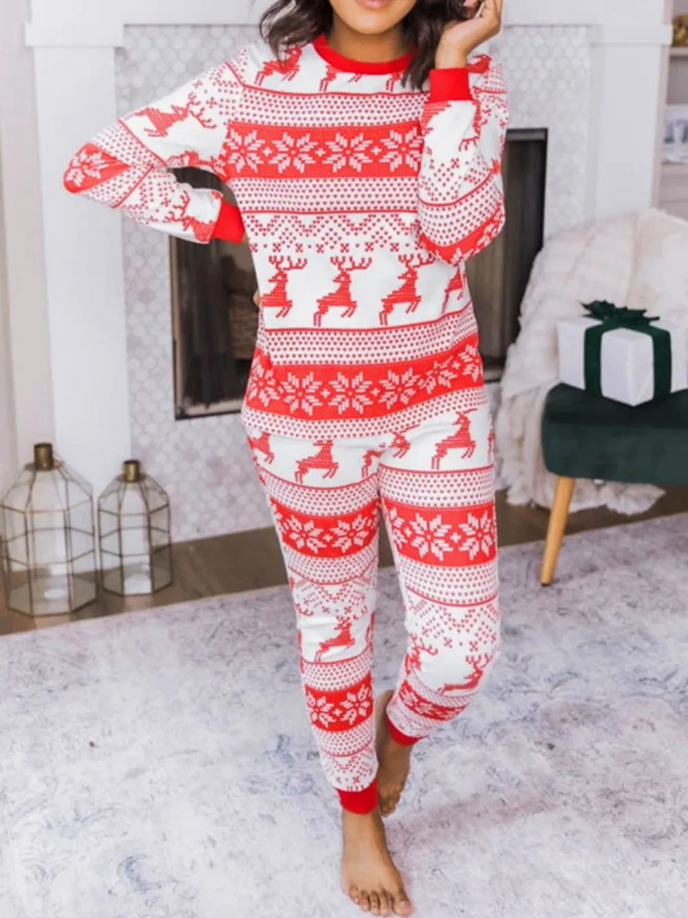 Full Size Christmas Element Round Neck Top and Pants Set, image 2
