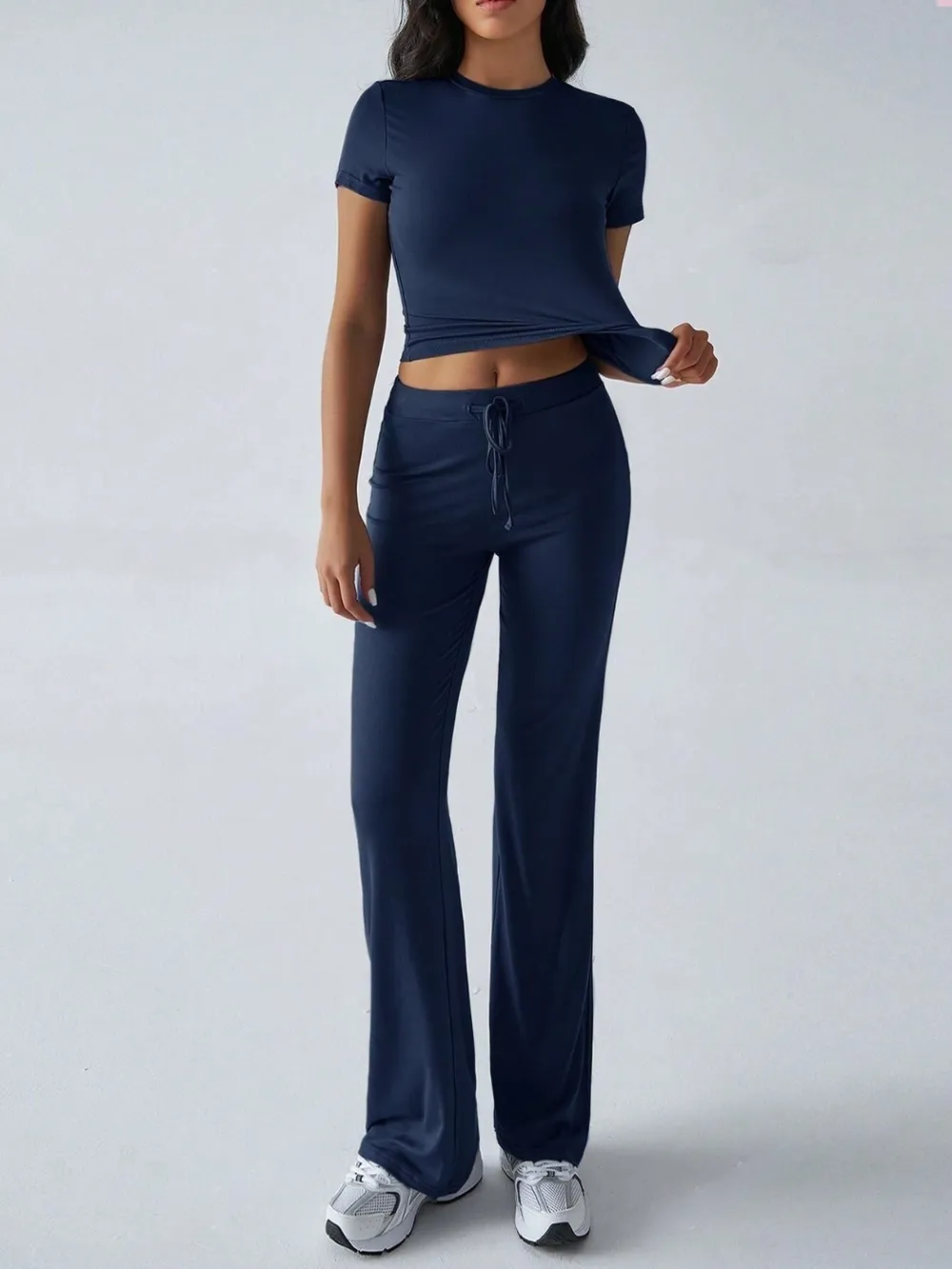 Round Neck Short Sleeve Top and Pants Set, image 2