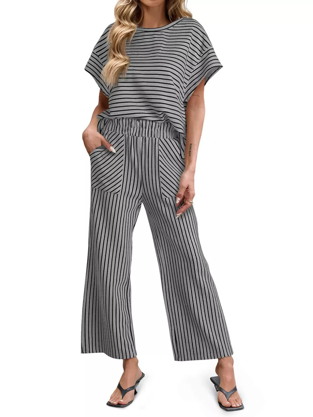 Casual Striped Short Sleeve Top and Wide Leg Pants Two-Piece Set, image 22