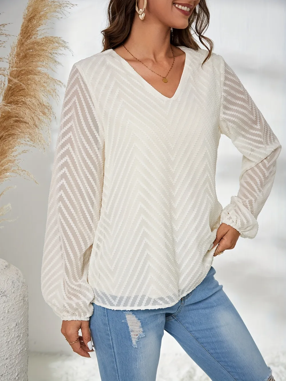 Textured V-Neck Balloon Sleeve Blouse, image 2