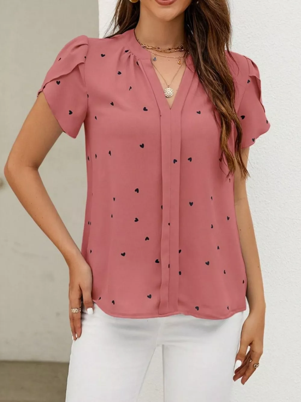 Heart Print Petal Sleeve Blouse, image 2