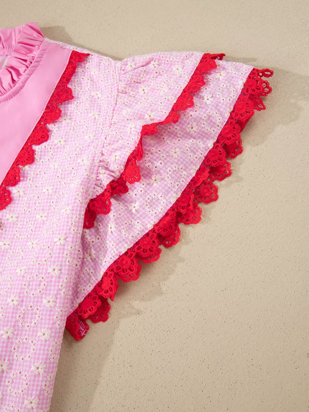 Eyelet Embroidered Flower Texture Contrast Lace Trim Flutter Sleeve Blouse, image 11