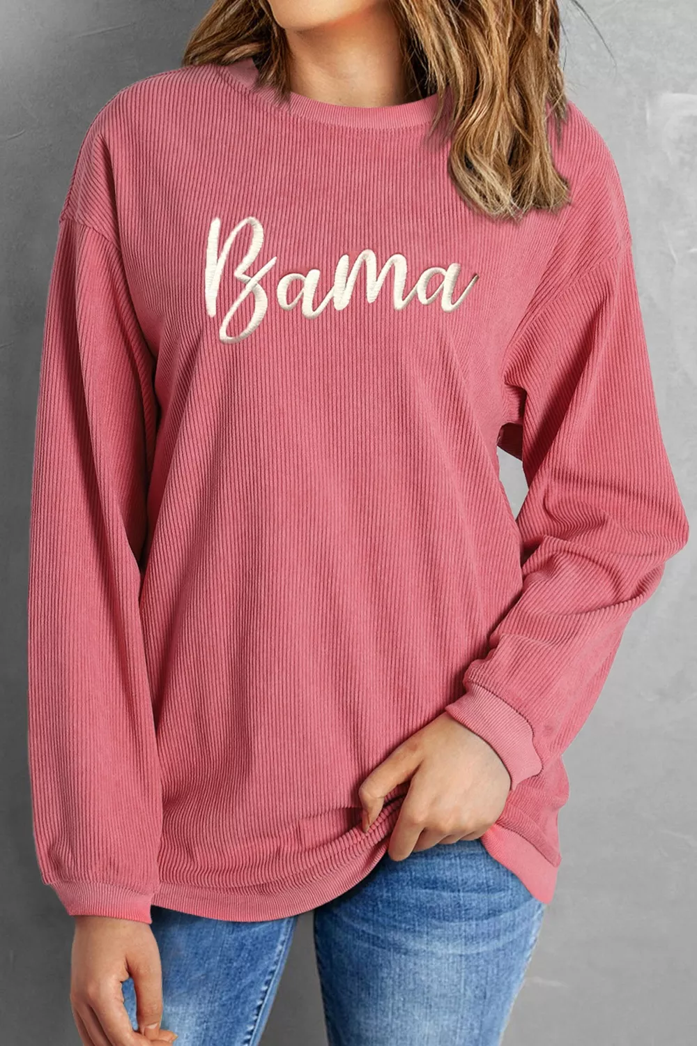 Corded Ribbed Bama Embroidered Letter Graphic Sweatshirt, image 2