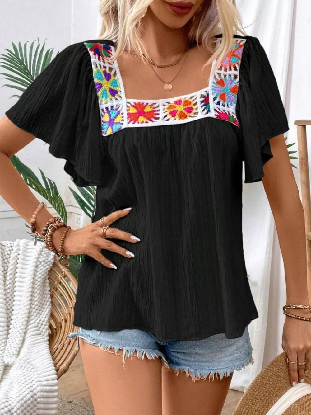 Embroidered Square Neck Flutter Sleeve Blouse, image 8