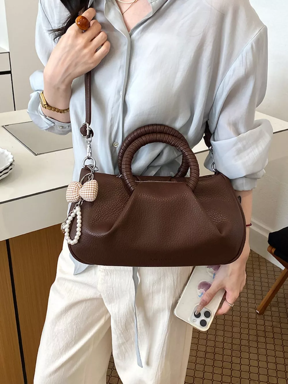 Top Handle Crossbody Bag with Pearl Bow Charm, image 7