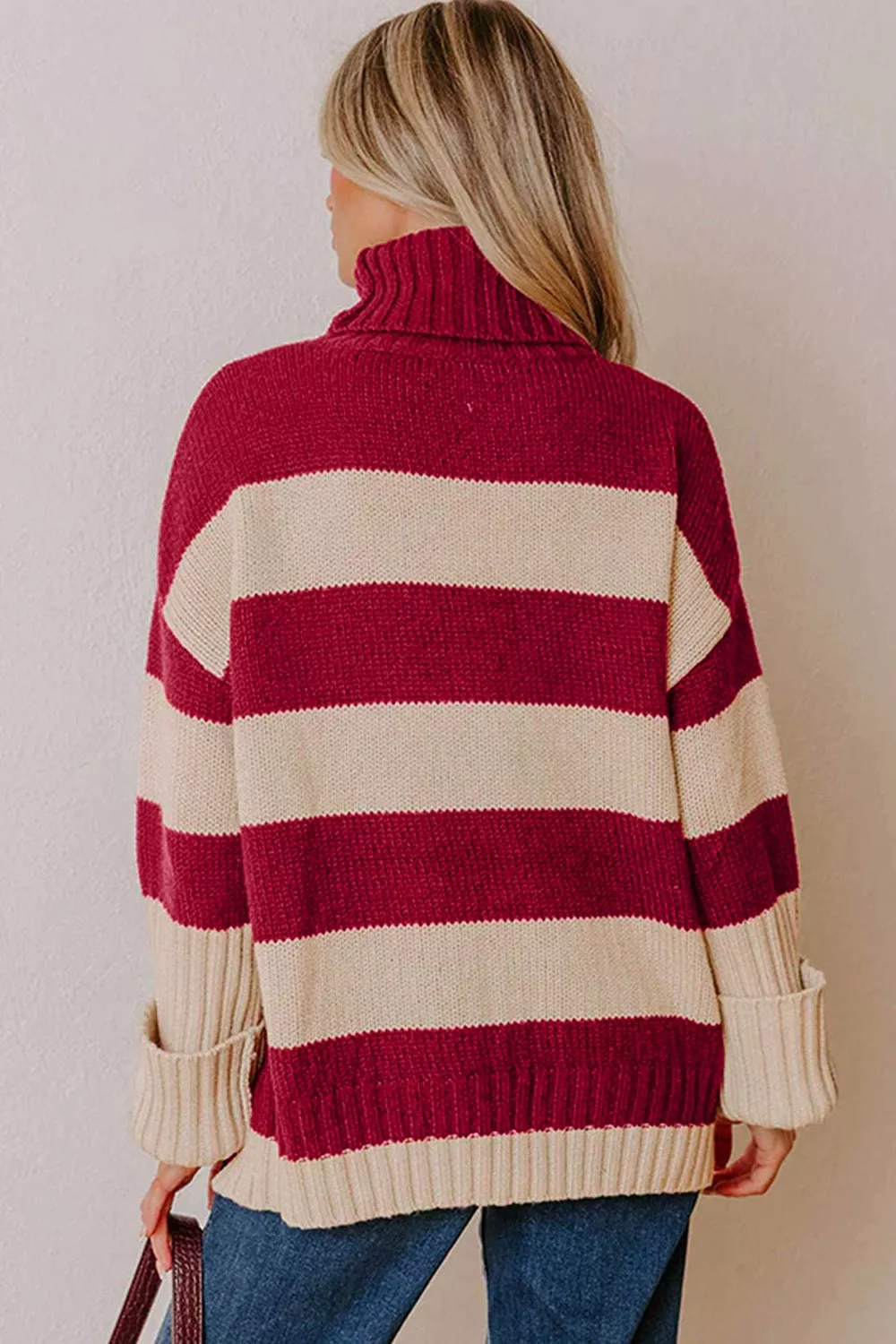 Stripe Ribbed Trim High Neck Relaxed Pullover Sweater, image 2