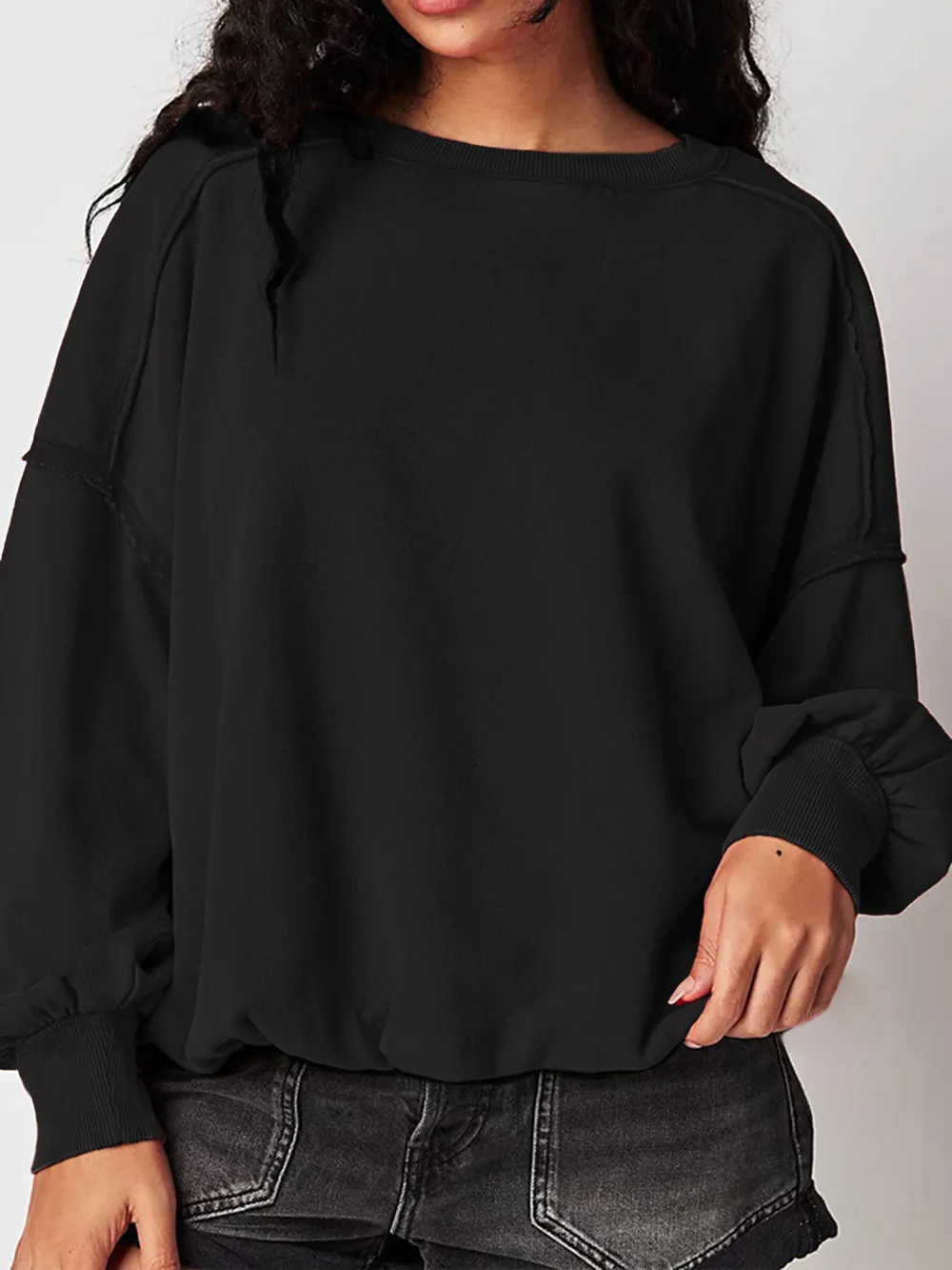 Exposed Seam Round Neck Long Sleeve Sweatshirt, image 11
