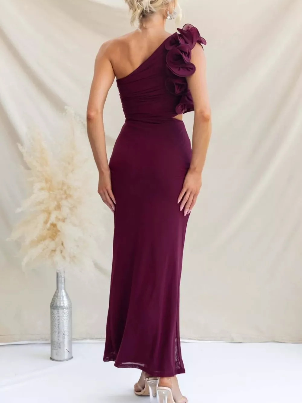 One-Shoulder Floral Trim Sleeveless Maxi Dress, image 3