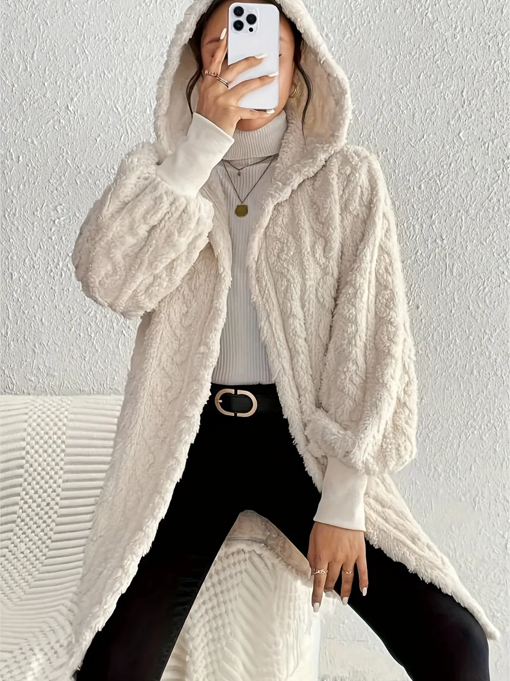 Open Front Long Sleeve Fuzzy Hooded Jacket, image 3