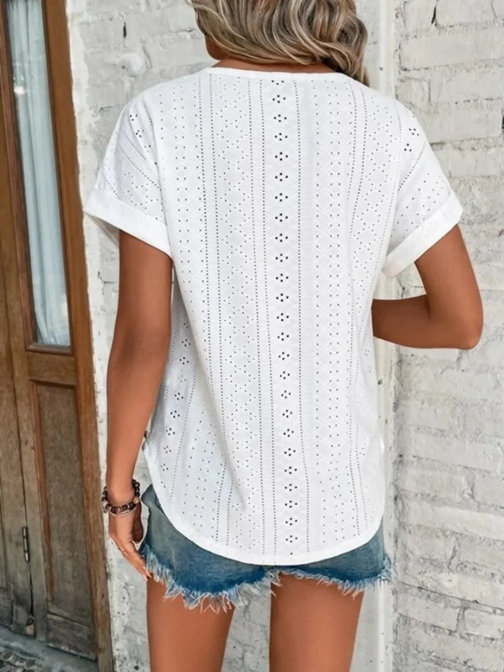 Eyelet Round Neck Short Sleeve T-Shirt, image 3